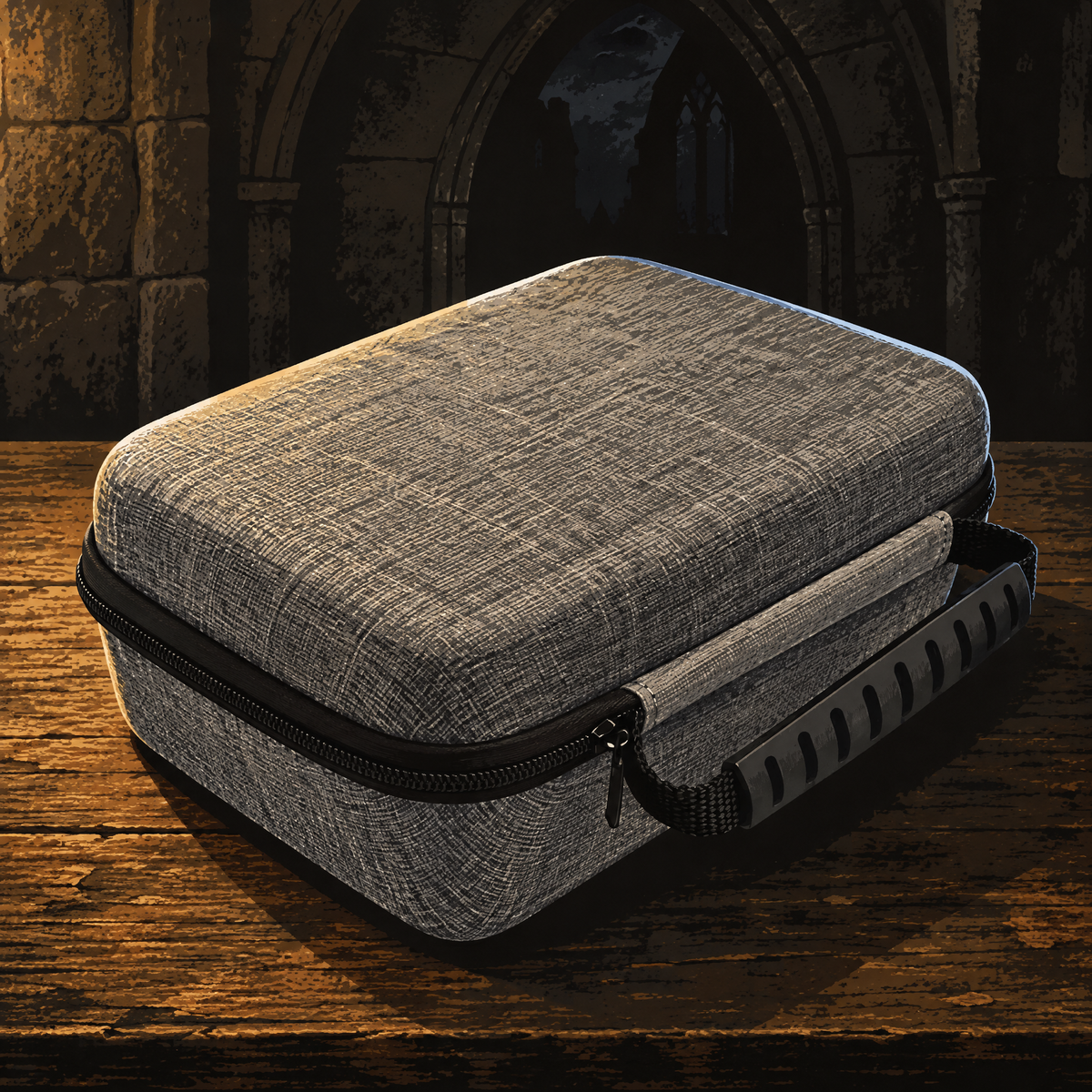 NightNook Bookworm Travel Case, grey hard-shell case with zip and handle