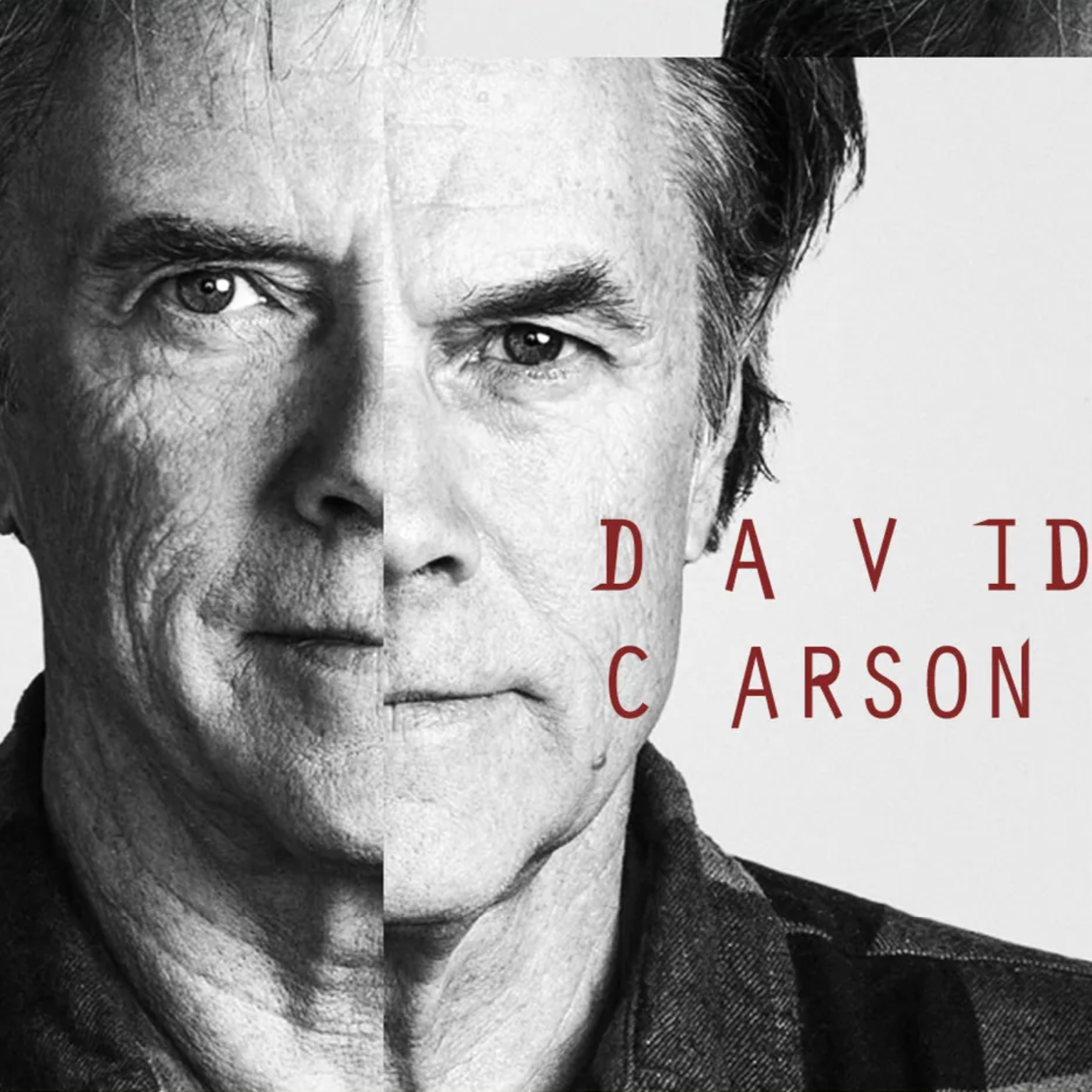 Black-and-white portrait of graphic designer David Carson with a split facial image, overlaid with the text 'DAVID C ARSON' in bold red letters