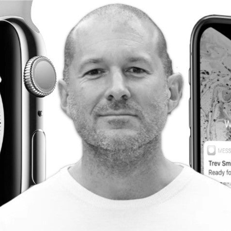 Black-and-white portrait of Jony Ive, Apple’s former Chief Design Officer, with an Apple Watch and iPhone displayed on either side of him.