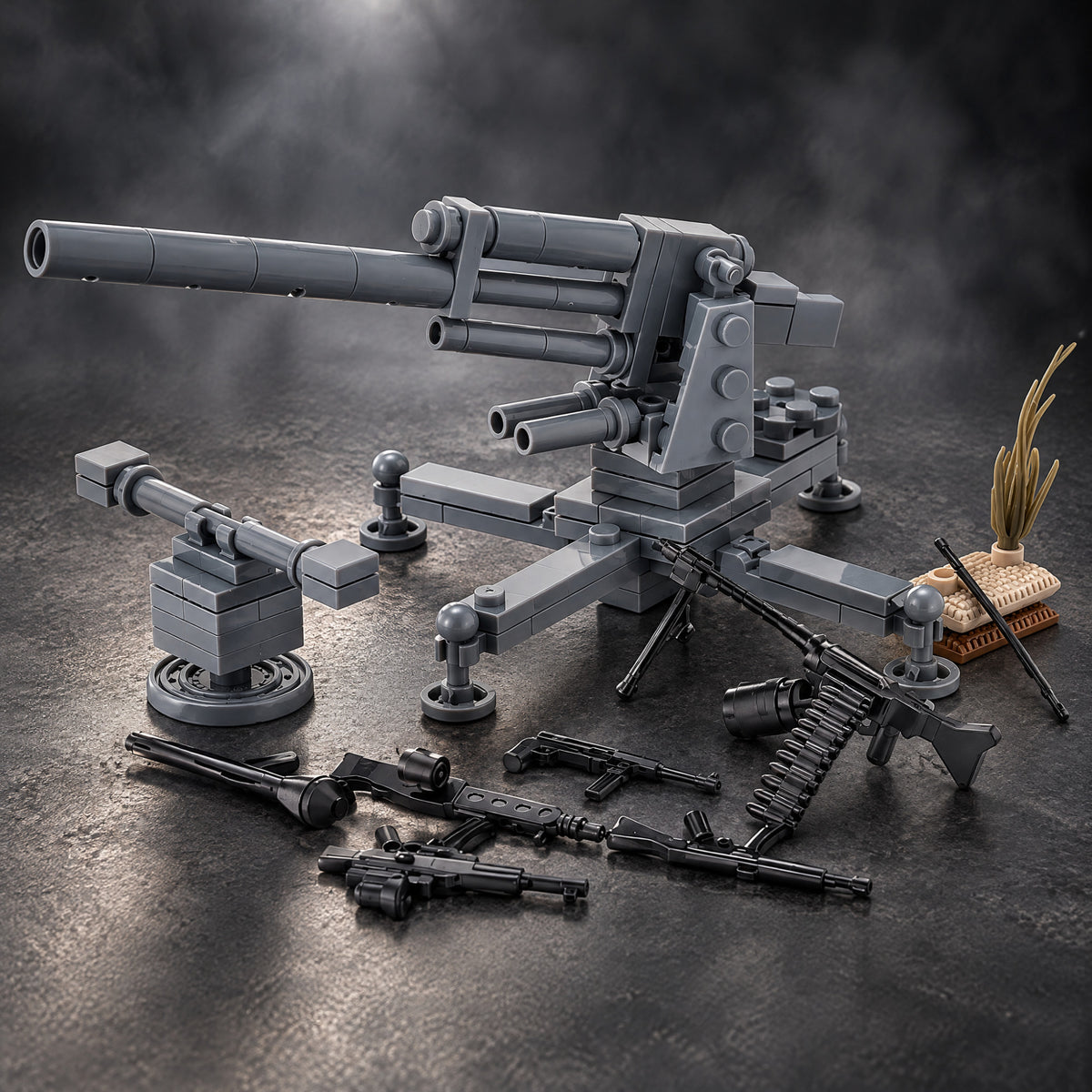 German heavy flak gun brick set with its machine gun, rifles, sandbags and grass