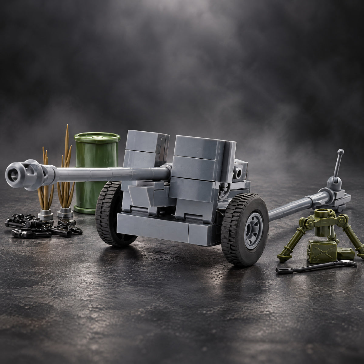 German light anti-tank gun brick set with its ammunition canister, tripod and grass