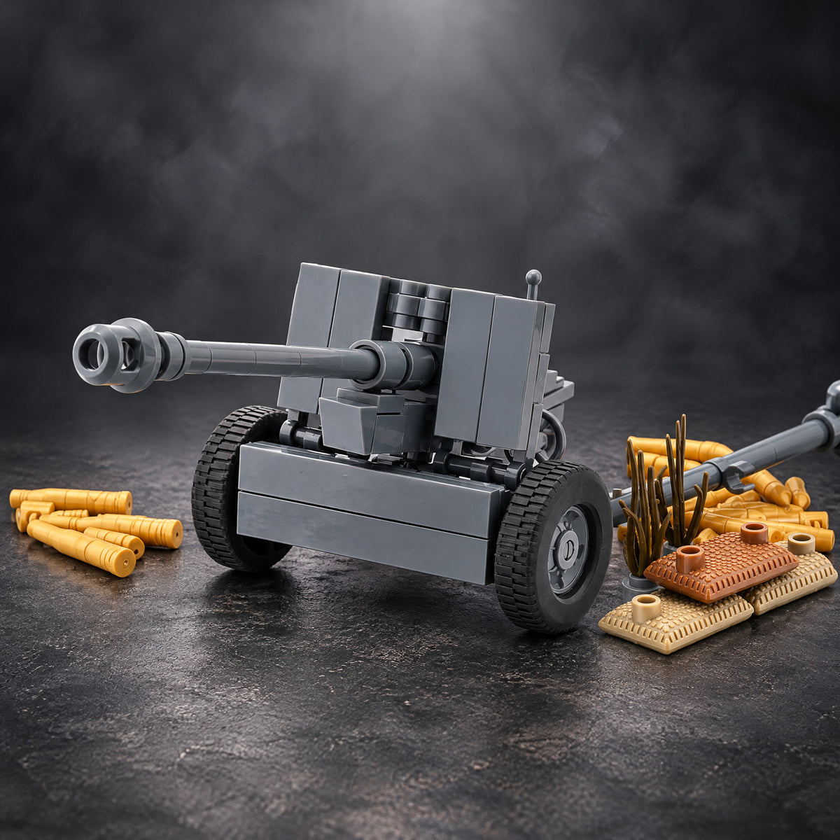 German anti-tank gun brick set with its shells, sandbags and grass