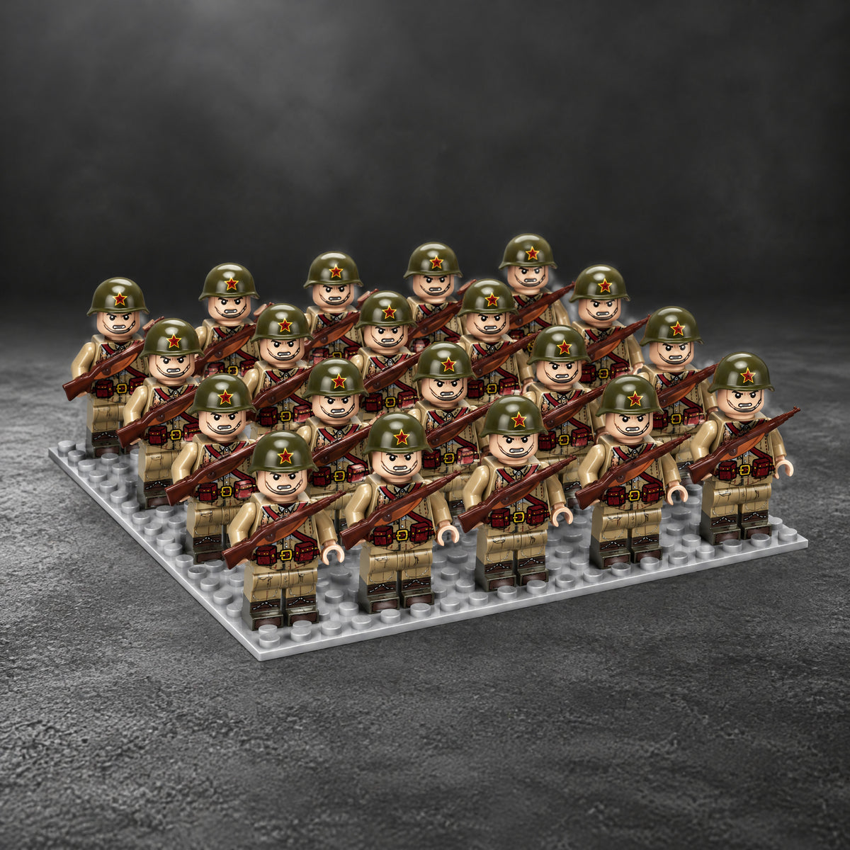 24 Soviet soldier minifigures in formation on a baseplate