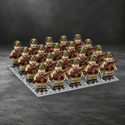 24 Soviet soldier minifigures in formation on a baseplate