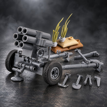 German six-barrel rocket launcher brick set with its trail legs, tools, sandbags and grass