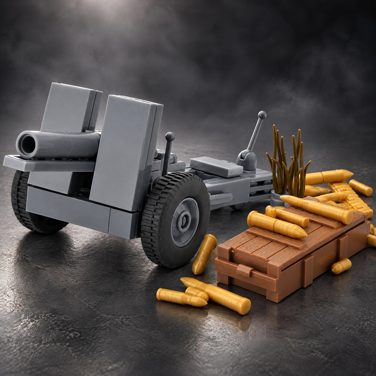 German field howitzer brick set with its ammunition crate, shells and grass