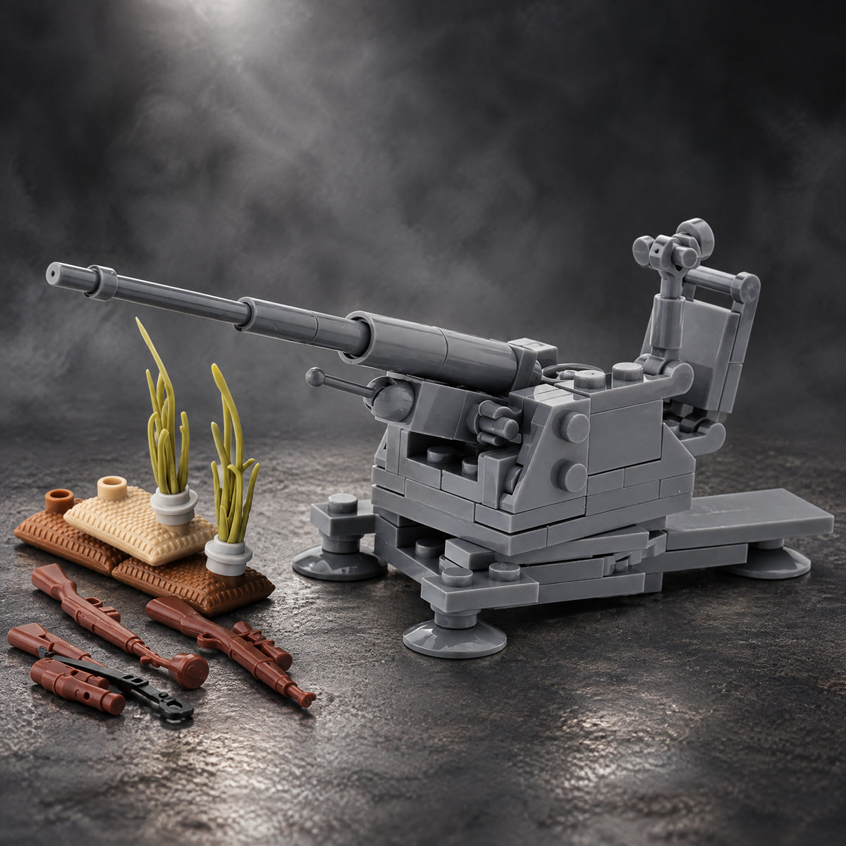 German anti-aircraft gun brick set with rifles, sandbags and grass