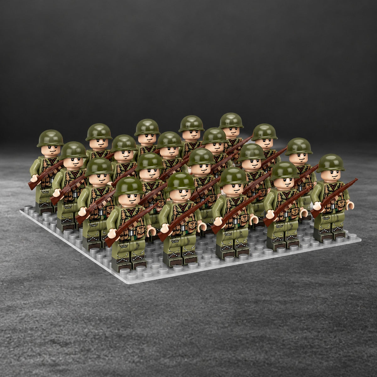 24 US soldier minifigures in formation on a baseplate