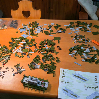 Brick pieces and instructions laid out during a build