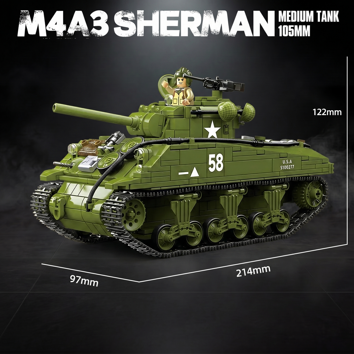 Size of the M4A3 Sherman brick set: 214 x 97 x 122 mm