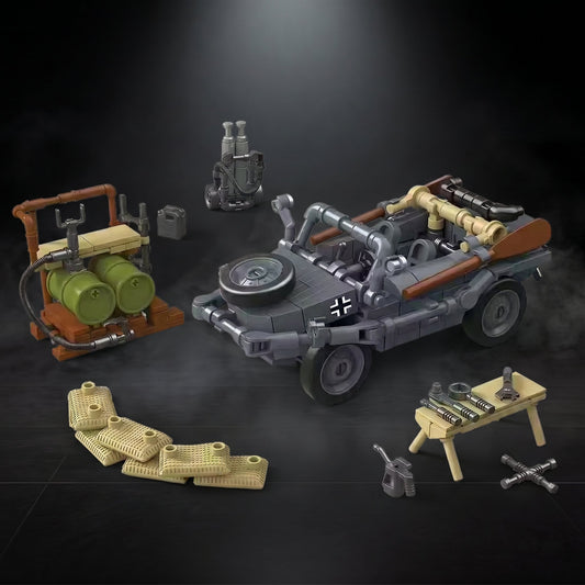 Type 166 Schwimmwagen brick set, hero with accessories on a dark display