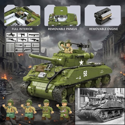 Inside the M4A3 Sherman brick set: removable panels, removable engine and four crew