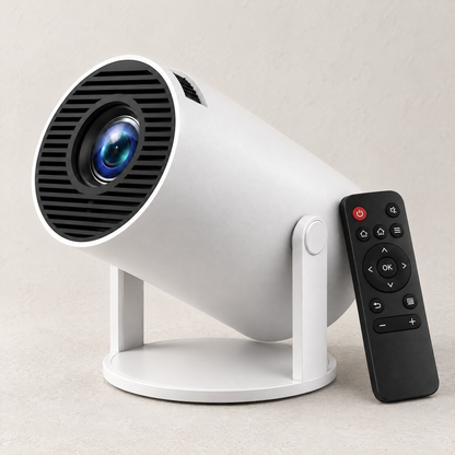 NightNook reading projector in its two-arm cradle with the remote leaning against it