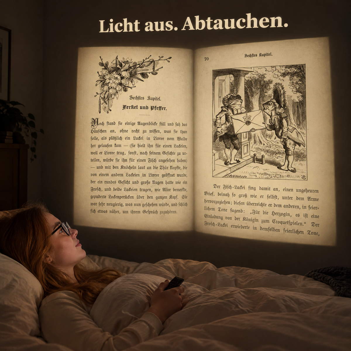 Eine Buchseite groß an die Schlafzimmerwand projiziert, während sie im Liegen liest