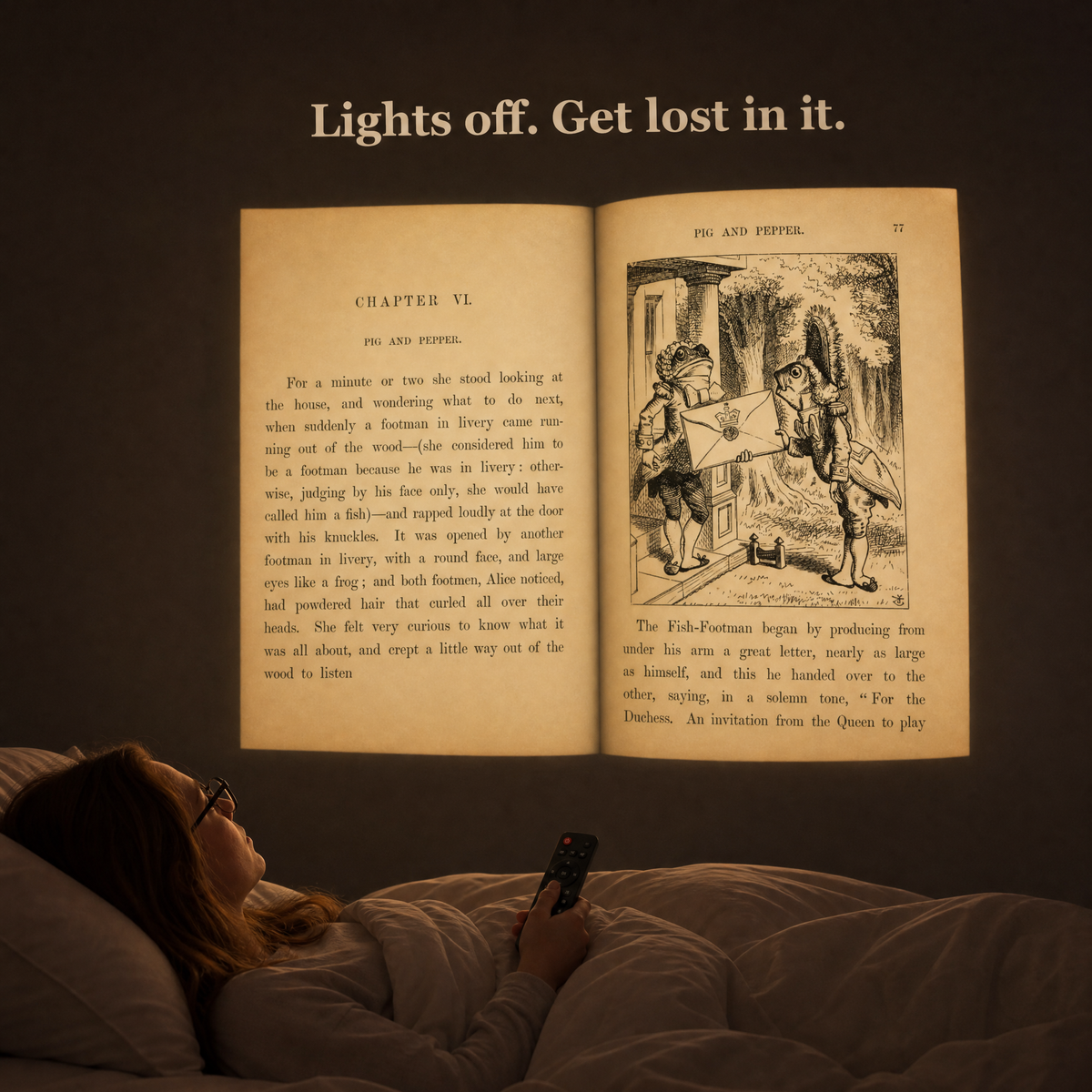 A book page projected large on the bedroom wall while she reads lying down
