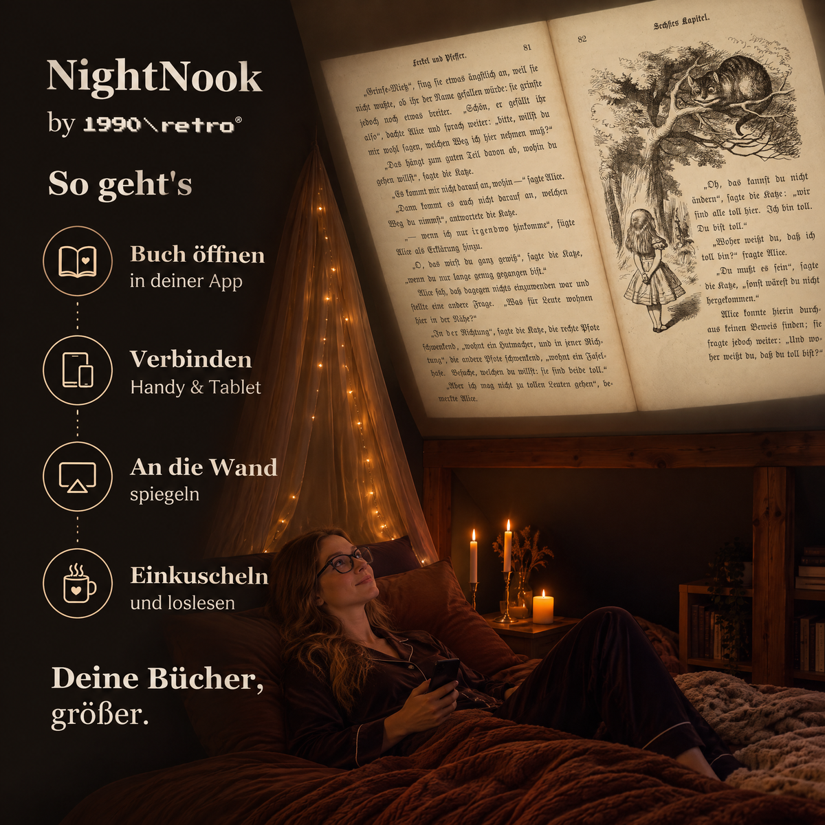NightNook von 1990retro: So geht es in vier Schritten – eine Leserin im Bett, ihr Buch an der Dachschräge