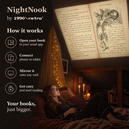 NightNook by 1990retro: how it works in four steps, a reader in bed with her book projected on the ceiling