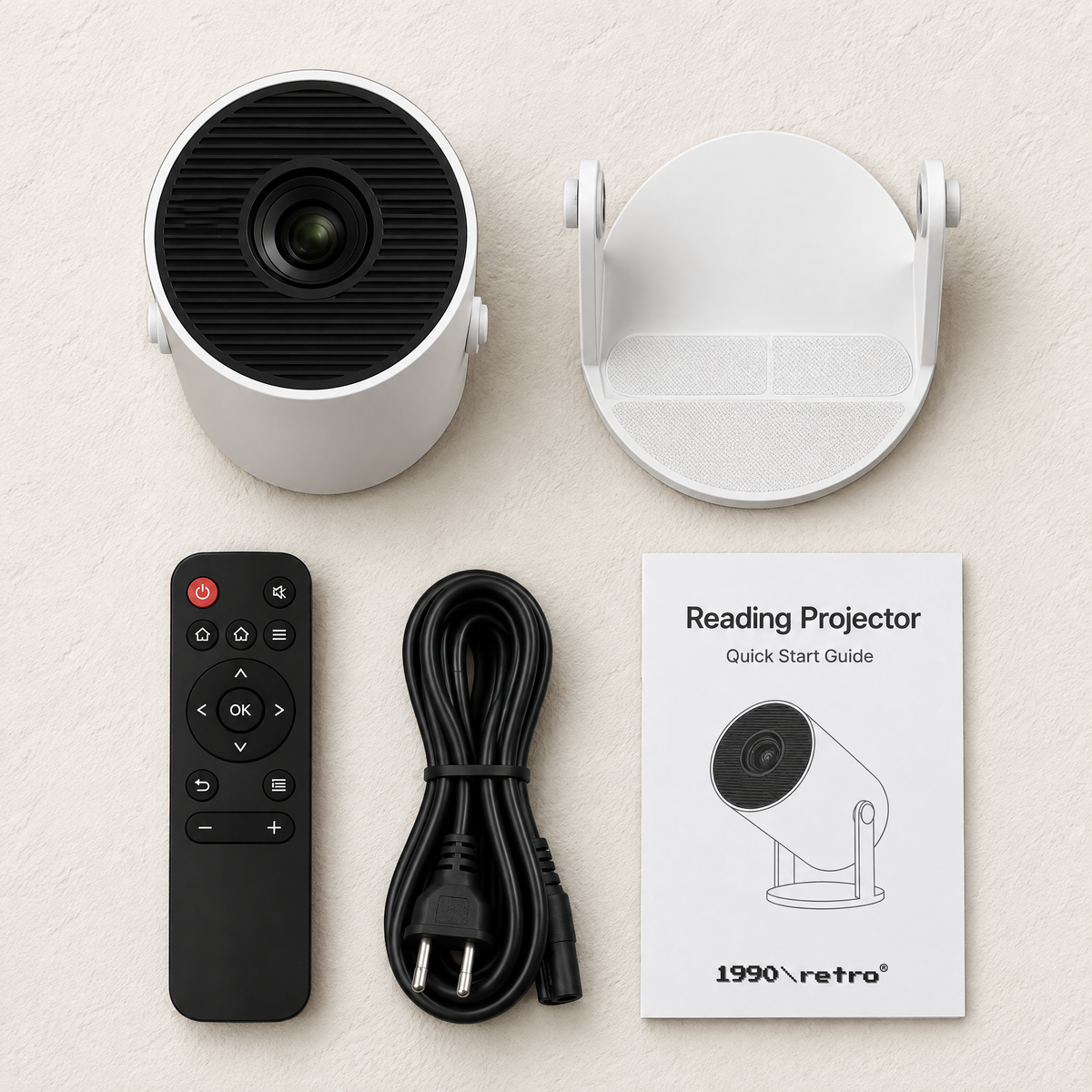 In the box: projector, base and cradle, remote, power cable and quick-start card