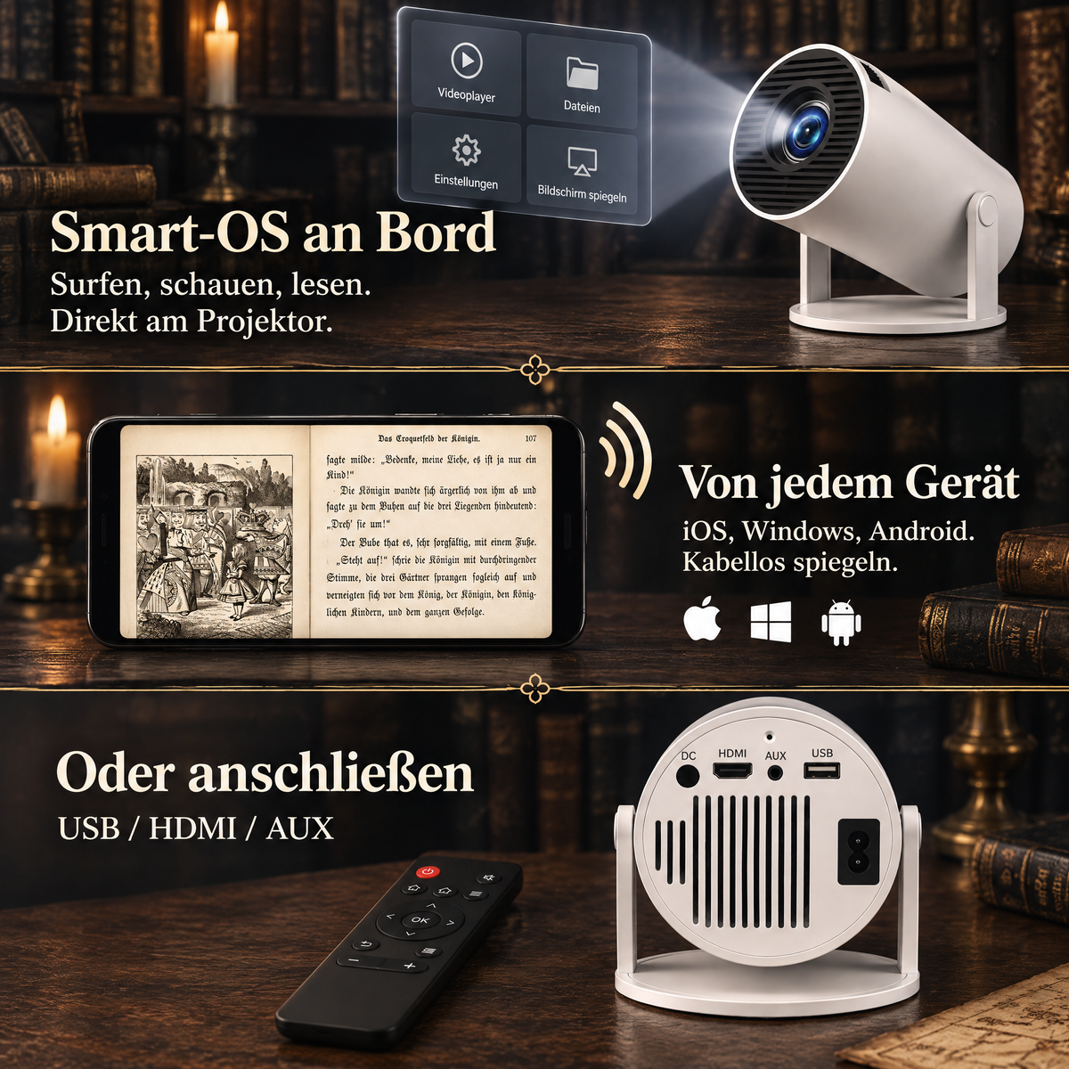 Drei Wege, NightNook zu nutzen: Smart-OS an Bord, von jedem Gerät spiegeln oder per USB, HDMI und AUX anschließen