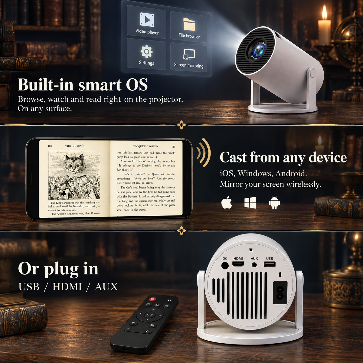 Three ways to use NightNook: built-in smart OS, cast from any device, or plug in over USB, HDMI or AUX