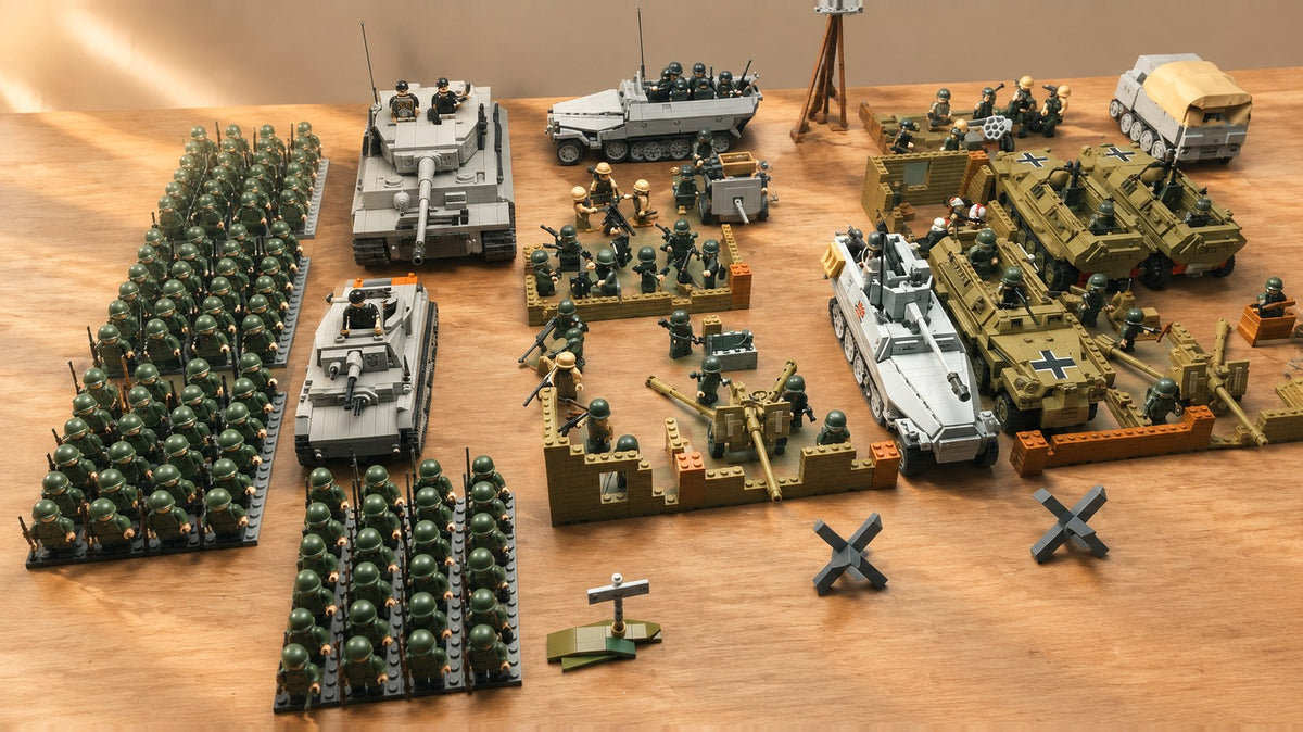 A WWII brick diorama of tanks, half-tracks, walls and soldier figures on a wooden table