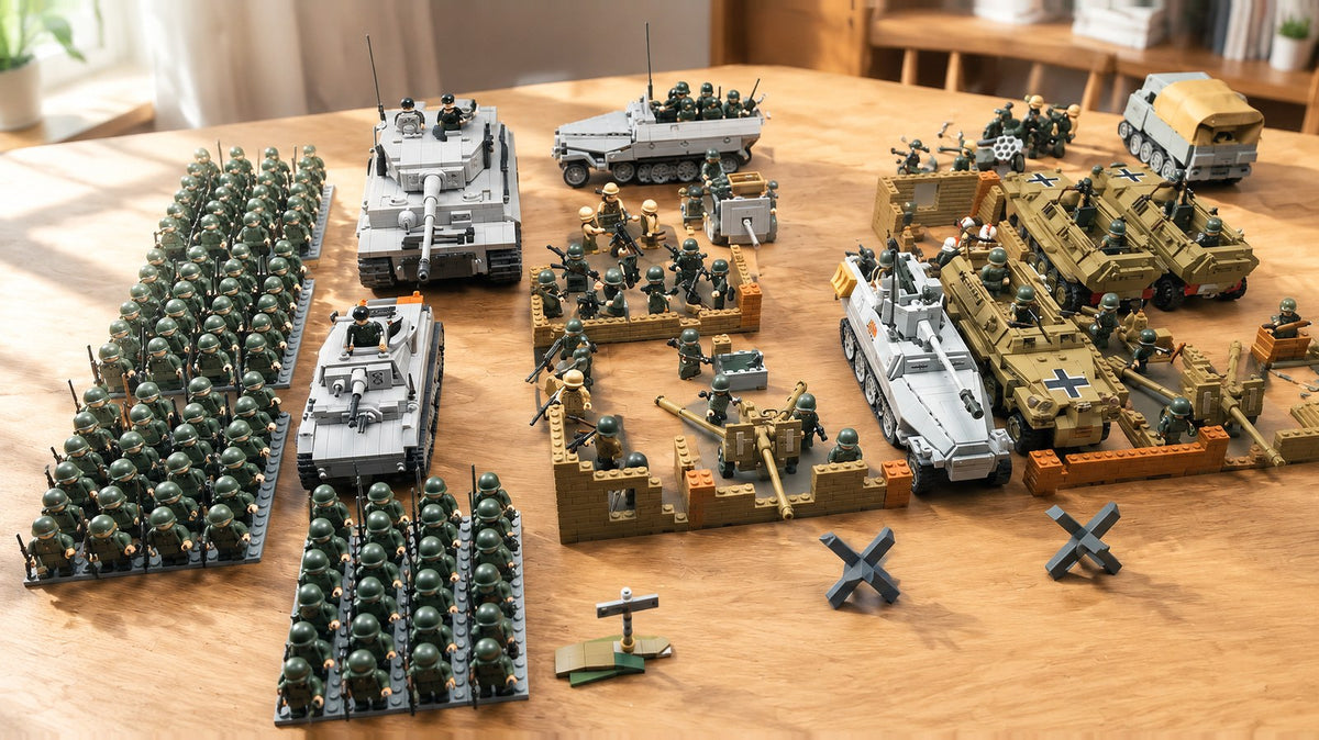 A WWII brick diorama of tanks, half-tracks, walls and soldier figures on a wooden table