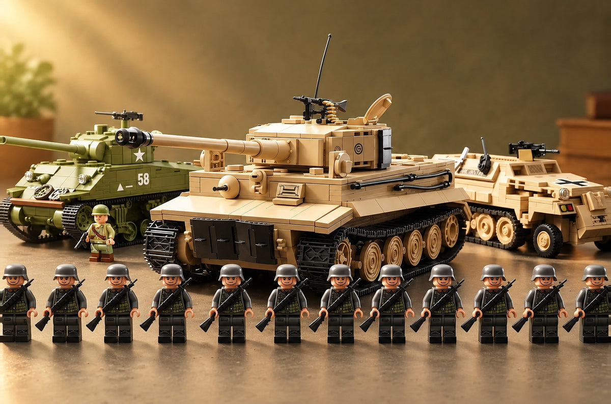 A built Sherman beside a Tiger and a half-track, with rows of soldier figures