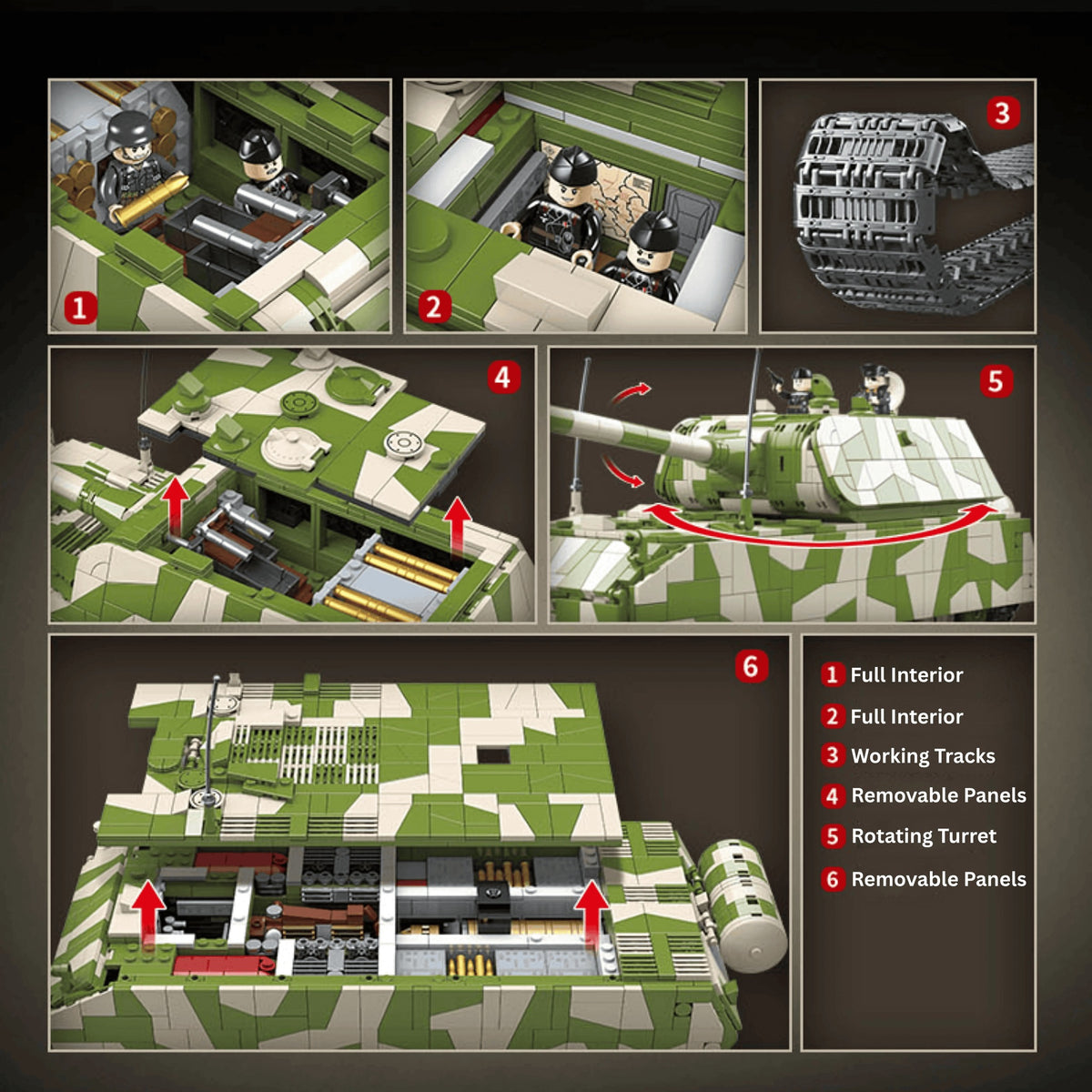 Maus brick set, the inside of the build, with its panels lifted