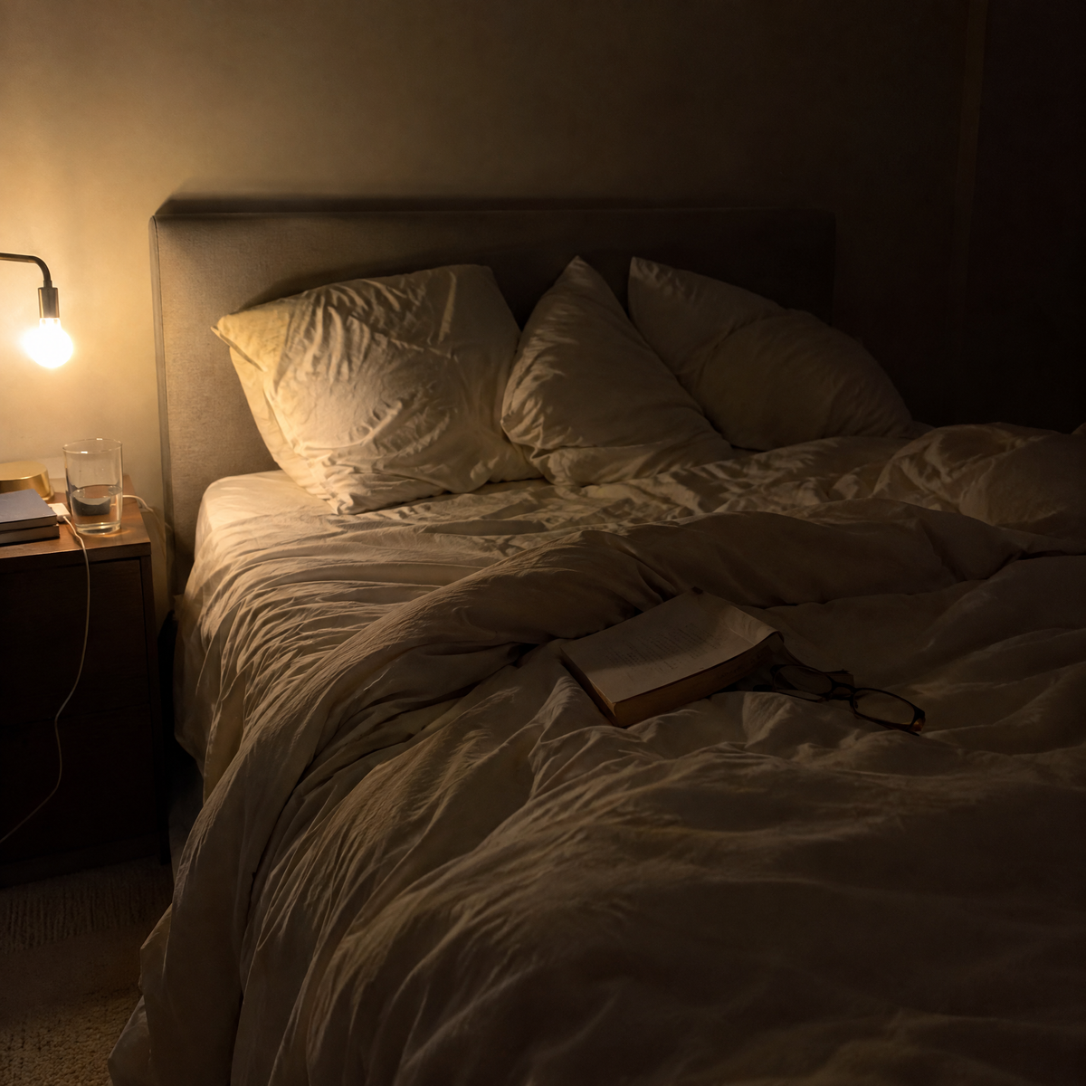 A bed after a night of shifting to read comfortably