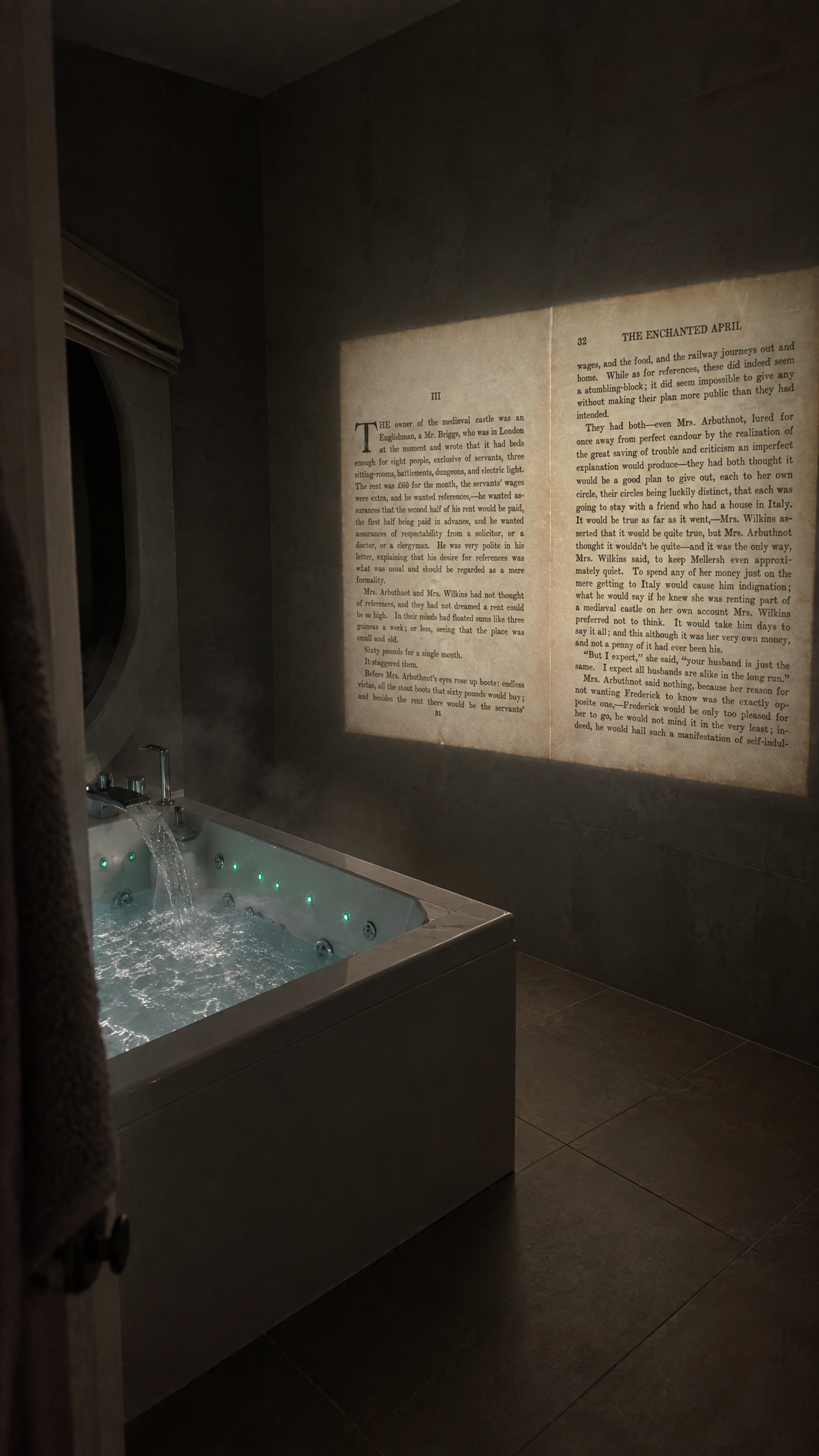 A page projected on the bathroom wall above a filling jet tub