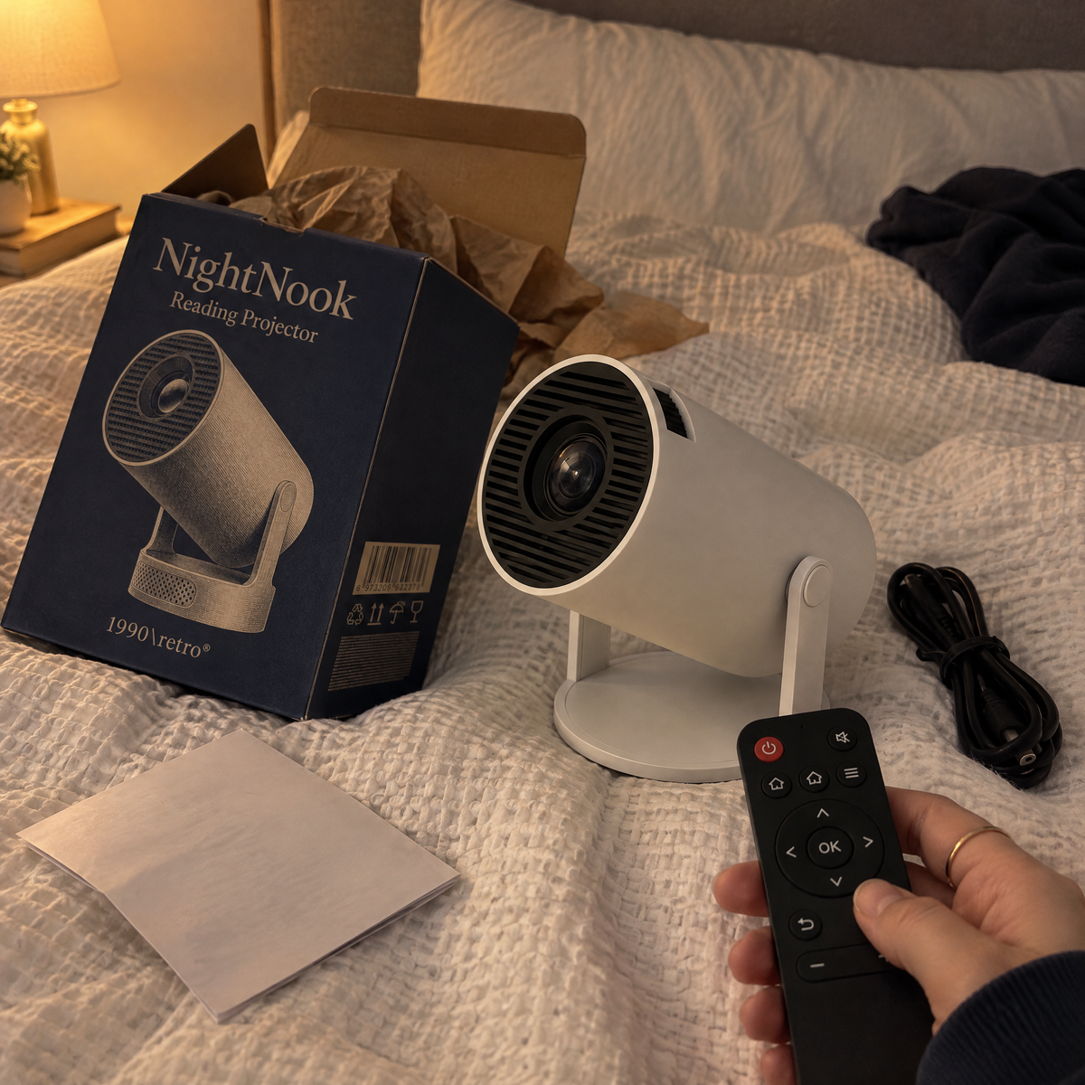 The projector unboxed on a bed beside its open carton, remote in hand, a customer's phone photo